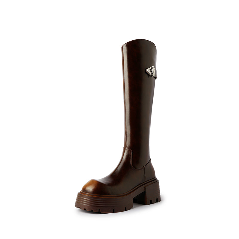 Karin Luna In Stock In Stock  Round Toe Thick Sole Belt Buckle Side Zipper Knight Boots