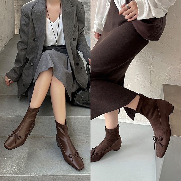 Karin Luna French Style Square Toe Bowknot Hidden Wedge Slim Boots