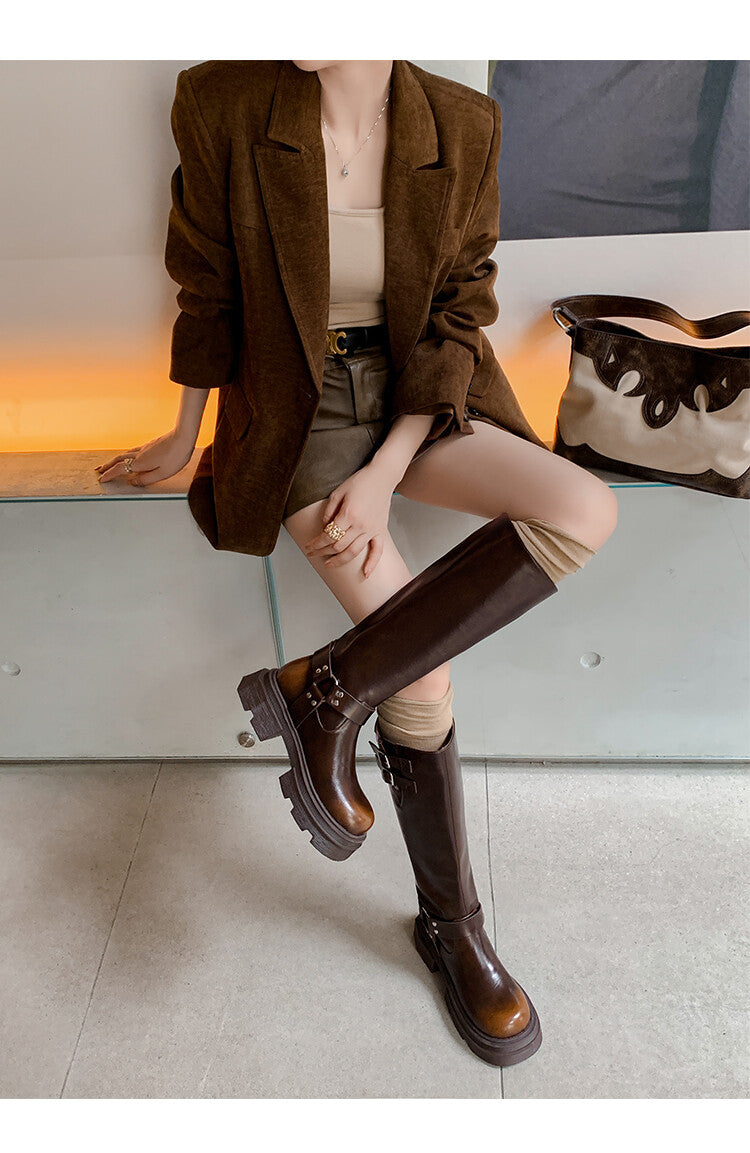 Karin Luna Full Cowhide  miumiu Popular Round Toe Thick Sole Beautiful and height-increasing
