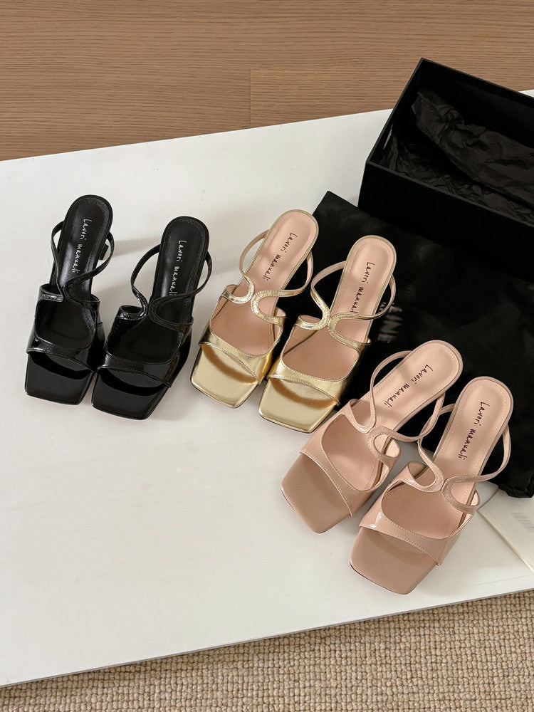 Karin Luna French Retro Square Toe Wrap Strap Open-Toe Slippers