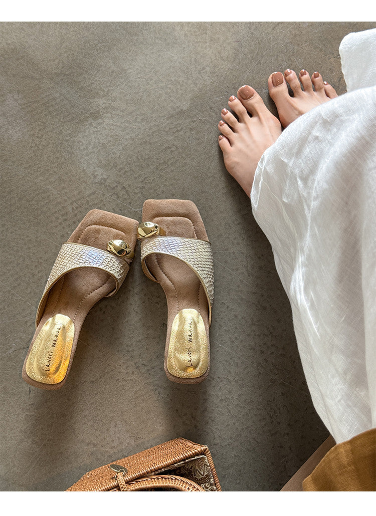 Karin Luna Fish Skin Series~Minimalist Square Toe Popular Irregular Heel Slippers