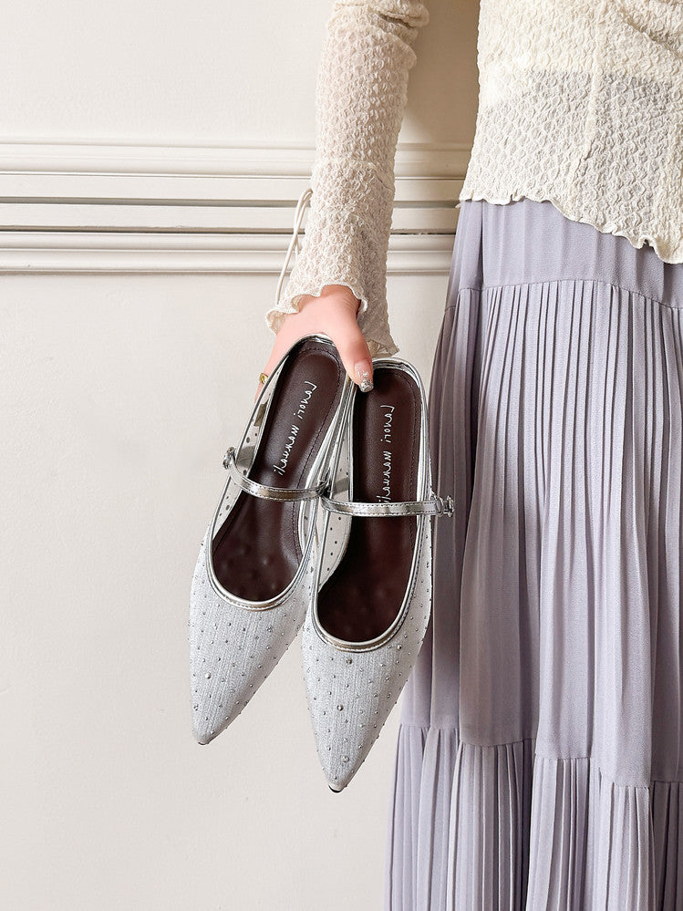 Karin Luna In Stock Spot Goods  Breathable Mesh Fabric Embellished Hand Drill Pointed Toe Slippers