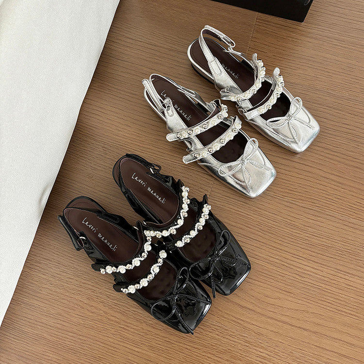 Karin Luna In Stock In Stock  Square Toe Bowknot Pearl Strap Closed-Toe Sandals