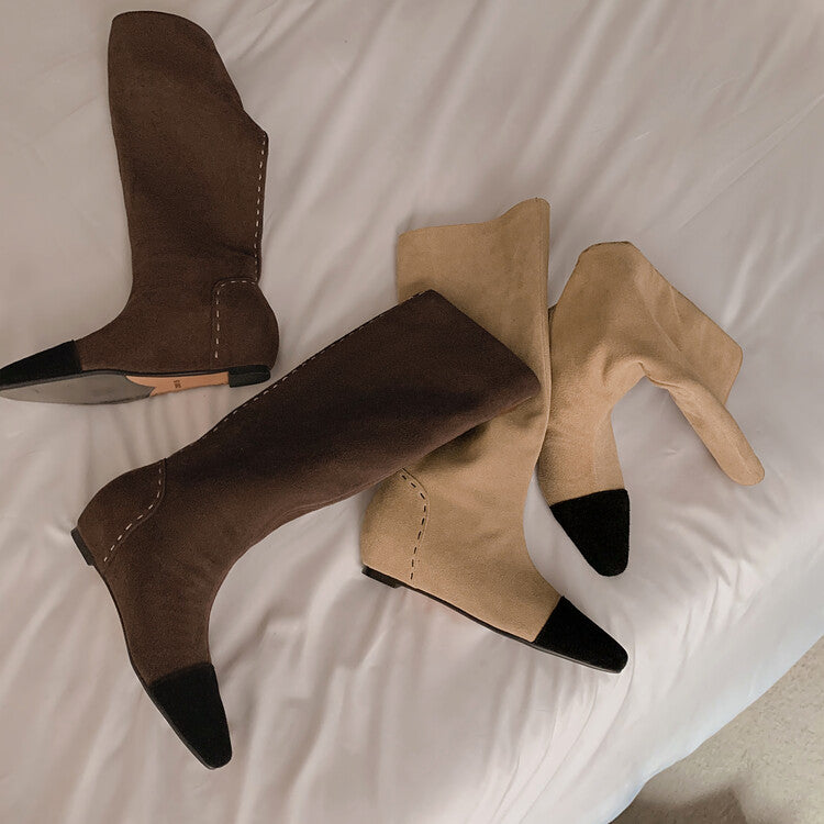 Karin Luna In Stock Spot Goods TikTok Live Hot Item Full Cowhide Leather Pointed Toe Retro Wedge Heel Stacked Boots
