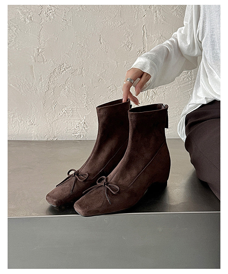 Karin Luna French Style Square Toe Bowknot Hidden Wedge Slim Boots