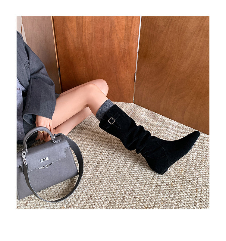 Karin Luna In Stock Spot Goods Vintage Cowhide Leather Chunky Heel Height Increasing Long Boots