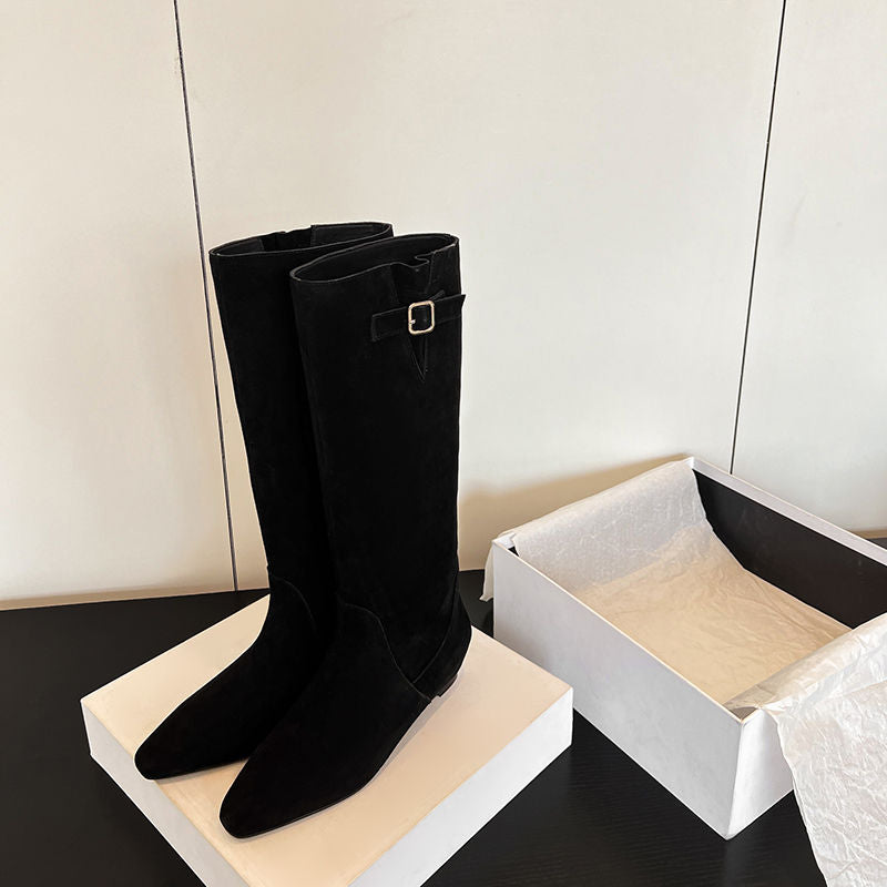 Karin Luna In Stock Spot Goods Vintage Cowhide Leather Chunky Heel Height Increasing Long Boots