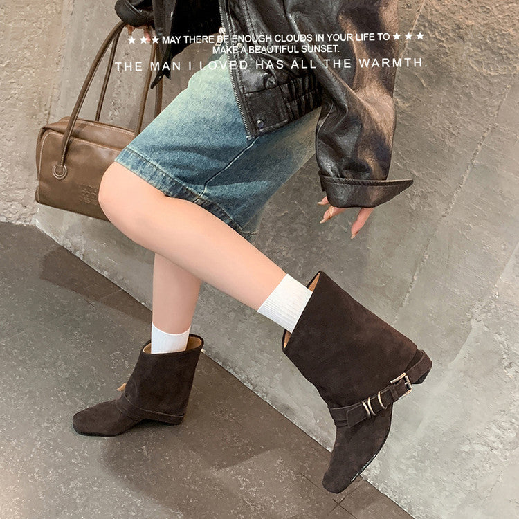 Karin Luna Data Hot Item Square Toe Hidden Wedge Belt Buckle Suede Ankle Boots