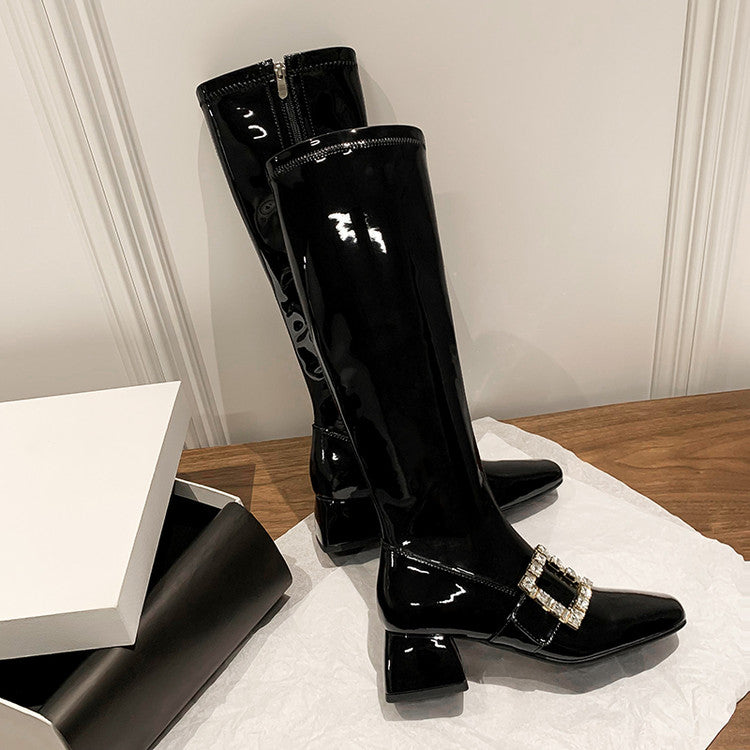 Karin Luna Elegant Style Ultra Slimming Rhinestone Chunky Heel British Style Riding Boots Long Boots