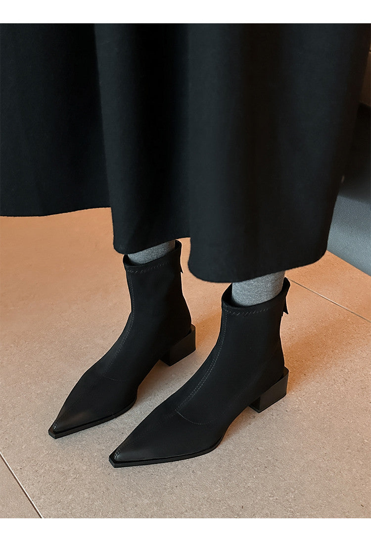 Karin Luna In Stock In Stock Elastic Slim Pointed Toe Chunky Heel Basic Ankle Boots