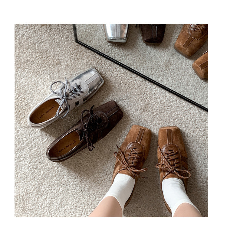 Karin Luna In Stock Spot Goods   Pig Nose Thin Strap Square Toe Patchwork Single Shoes