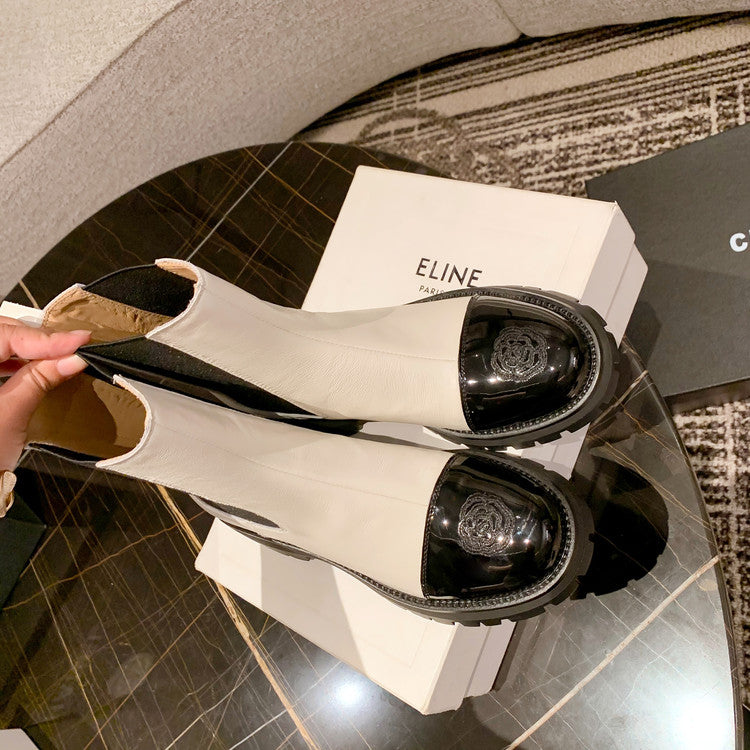 Karin Luna In Stock Spot Goods  Classic Embroidered Camellia Round Toe Thick Sole Chelsea Boots