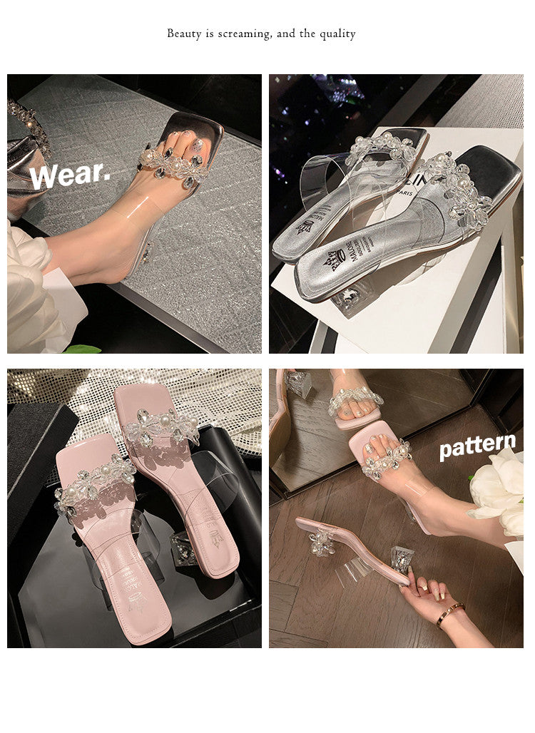 Karin Luna In Stock Spot Goods  Always in stock Square Toe Sweet Rhinestone Crystal Heel Slippers