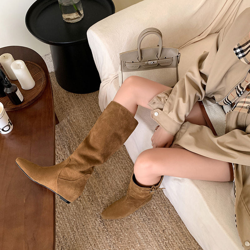 Karin Luna In Stock Spot Goods Vintage Cowhide Leather Chunky Heel Height Increasing Long Boots