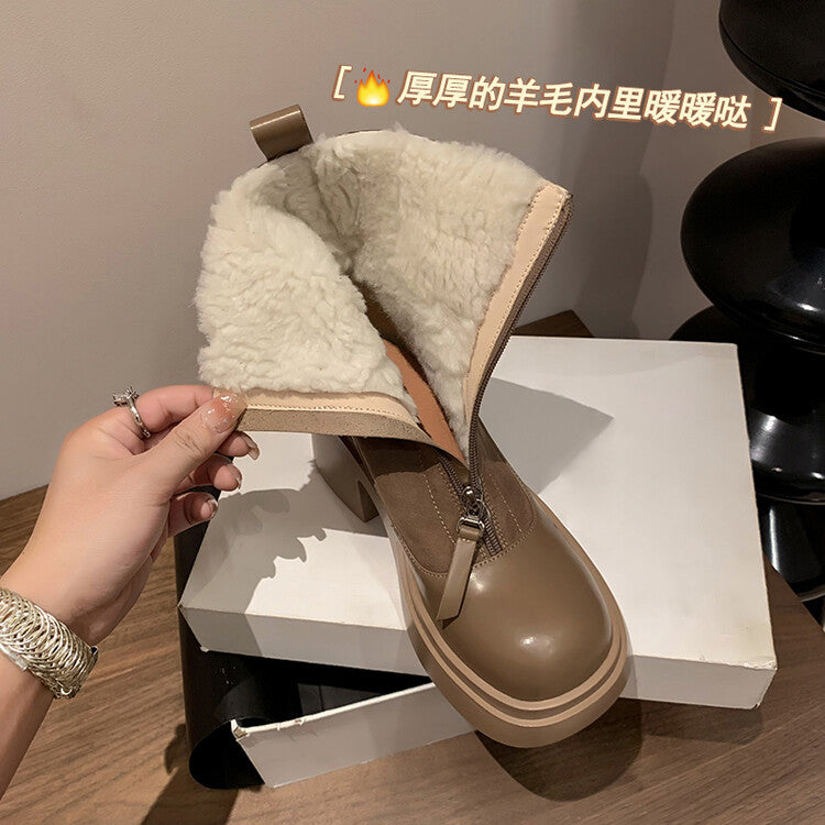 Karin Luna Basic Bestseller Timeless Thick Fur Lined Round Toe Thick Sole Cowhide Snow Boots