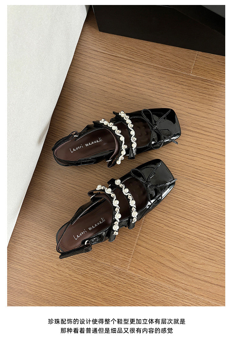 Karin Luna In Stock In Stock  Square Toe Bowknot Pearl Strap Closed-Toe Sandals