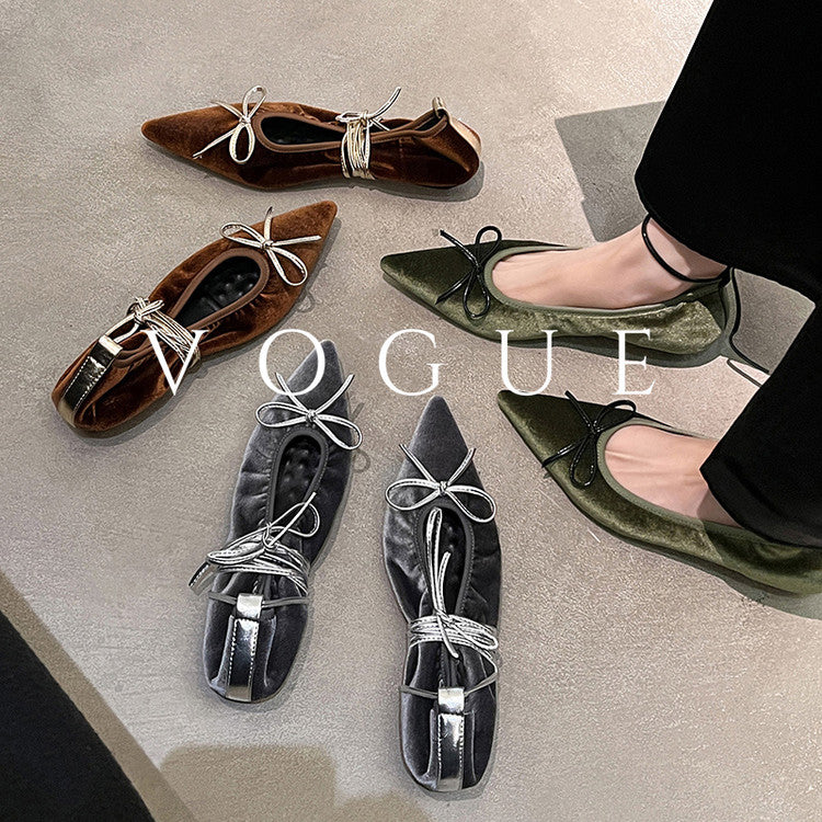Karin Luna In Stock In Stock Retro Velvet Pointed Toe Bowknot Single Shoes