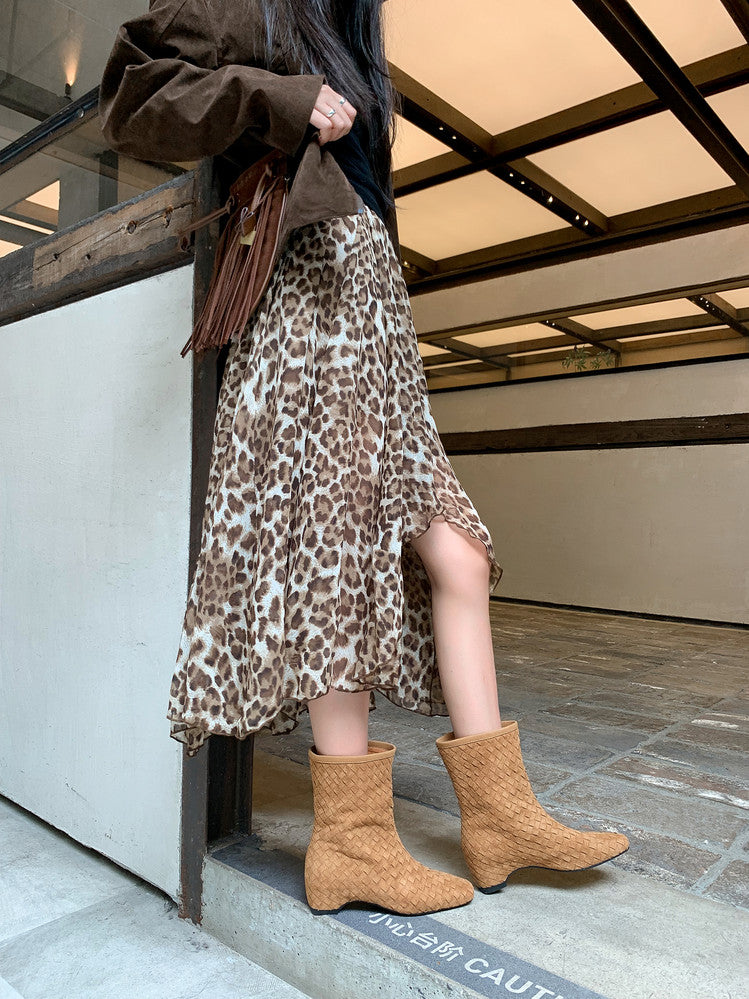 Karin Luna Handmade Woven Fabric Small Square Toe Hidden Heel Short Boots