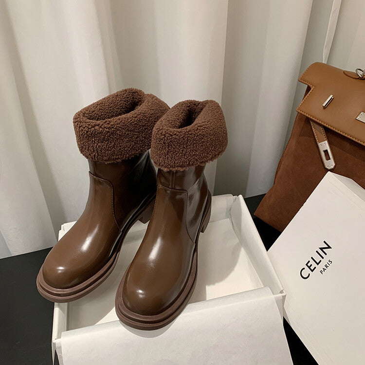 Karin Luna Classic Basic Style   Convertible Foldable Hidden Buckle Snow Fur Shoes Full cowhide Basic Flat Short Boots