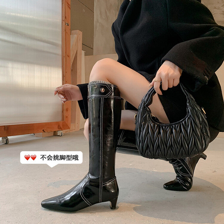 Karin Luna In Stock Spot Goods  Vintage Open Stitch Small Square Toe High Heel Side Zipper Riding Boots