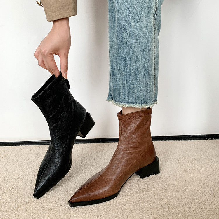 Karin Luna Elegant Style Pointed Toe Chunky Heel Short Boots