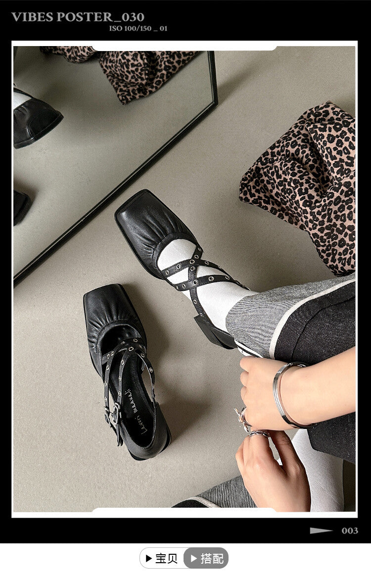 Karin Luna In Stock Spot Goods First Layer Sheepskin Cross Strap Rivet Square Toe Mary Jane Sandals