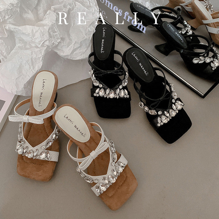 Karin Luna In Stock In Stock  Square Toe Rhinestone Bow Suede Slippers