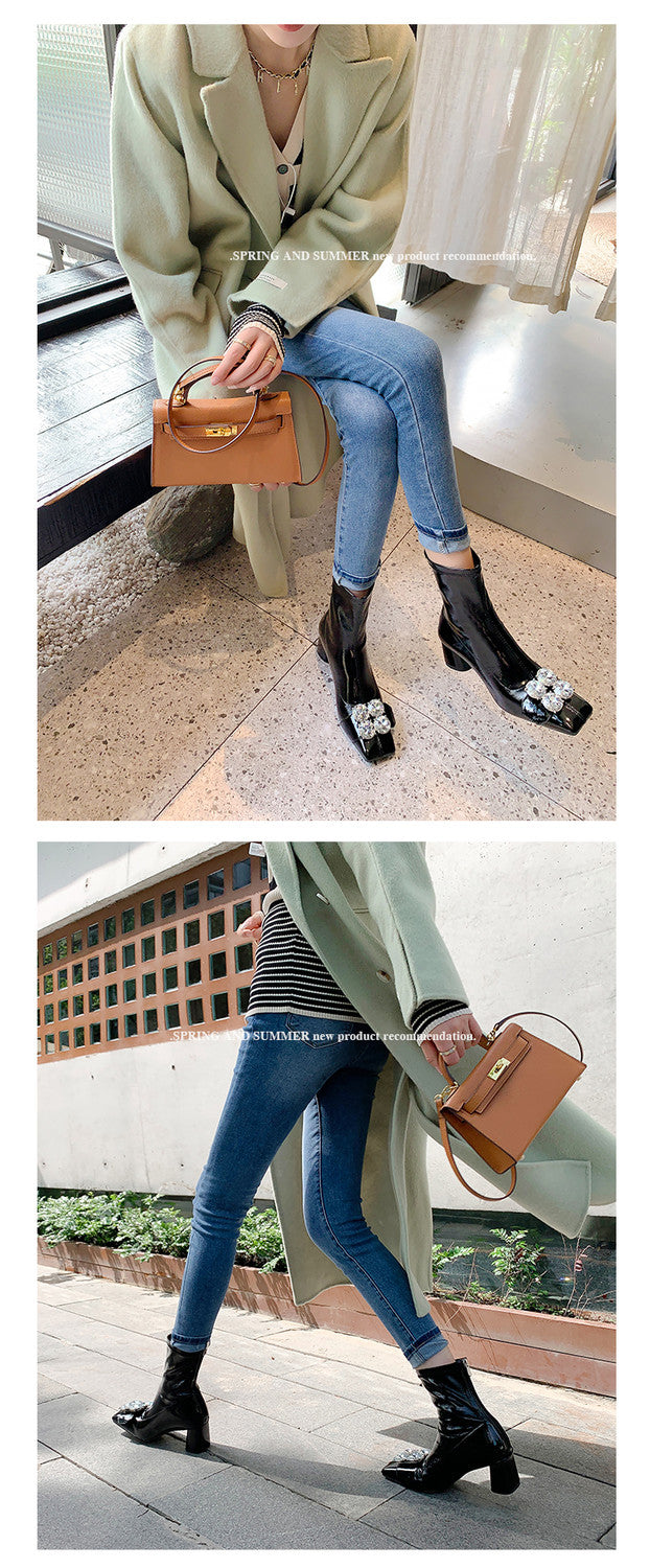 Karin Luna In Stock  Elegant Style Square Toe Rhinestone Chunky Heel Ankle Boots