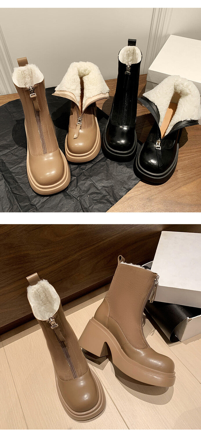 Karin Luna Basic Bestseller Timeless Thick Fur Lined Round Toe Thick Sole Cowhide Snow Boots