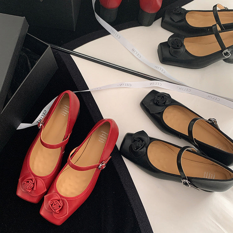 Karin Luna In Stock Spot Goods  Vintage Three-Dimensional Camellia Square-Toed Mary Jane Shoes