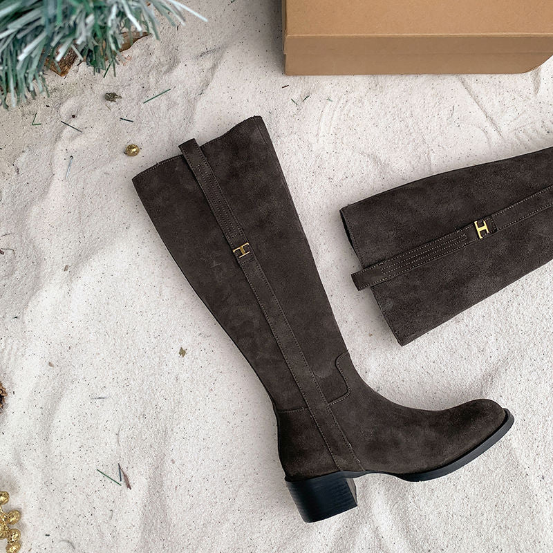 Karin Luna In Stock Spot Goods Basic Retro Square Toe Chunky Heel Riding Boots