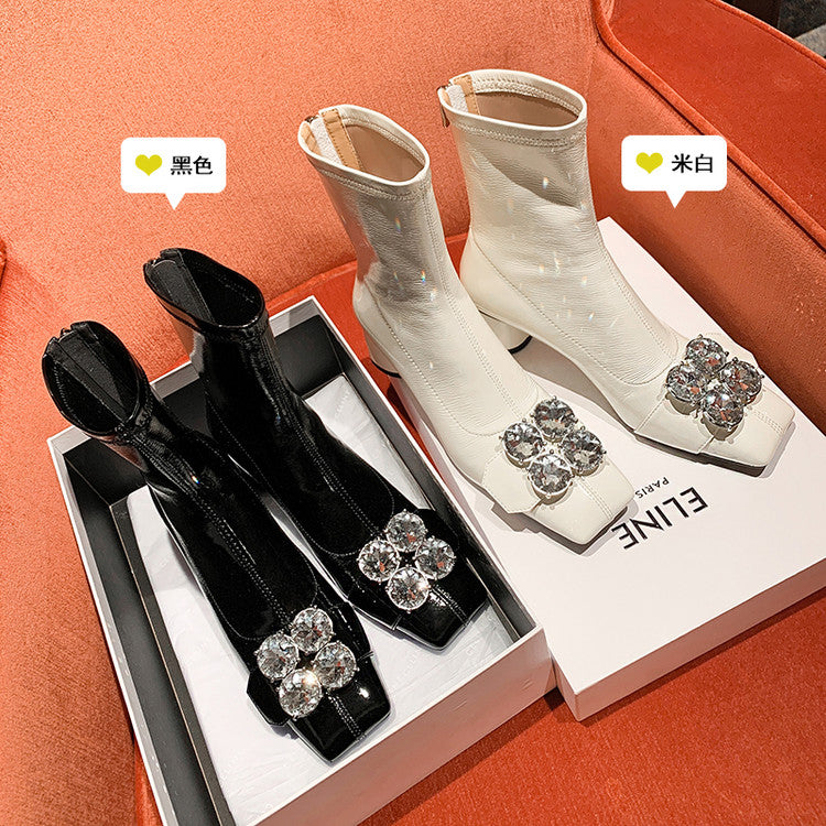Karin Luna In Stock  Elegant Style Square Toe Rhinestone Chunky Heel Ankle Boots