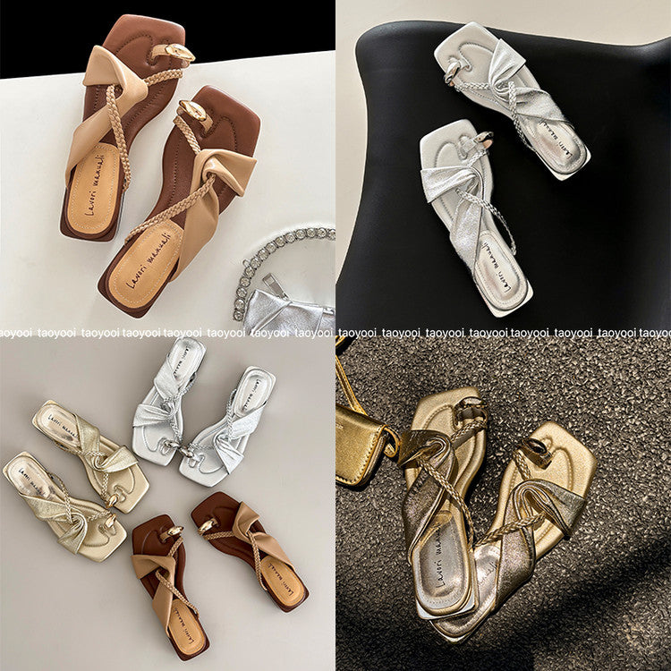 Karin Luna  Square Toe Braided Cross Thick Heel Flat Slippers