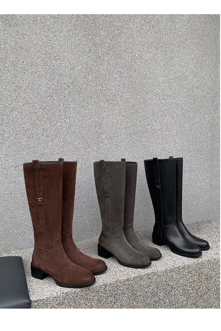 Karin Luna In Stock Spot Goods Basic Retro Square Toe Chunky Heel Riding Boots