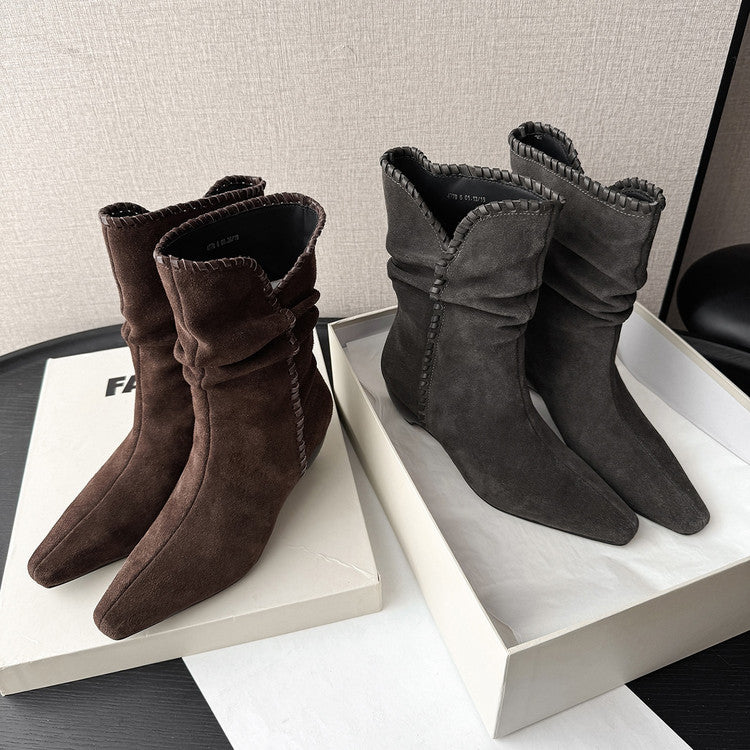 Karin Luna Small Square Toe Retro Ruched Pile Short Boots