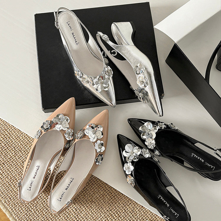 Karin Luna In Stock In Stock  Sequin Floral Pointed Toe Chunky Heel Closed-Toe Sandals