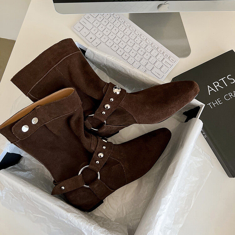 Karin Luna has prepared stock  Hot-Selling Retro Pointed Toe Wedge Metal Buckle High Tube Western Boots