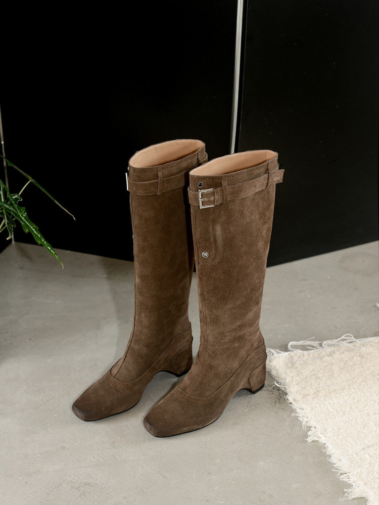 Karin Luna Belt Buckle Elegant Chunky Heel Suede Western Boots