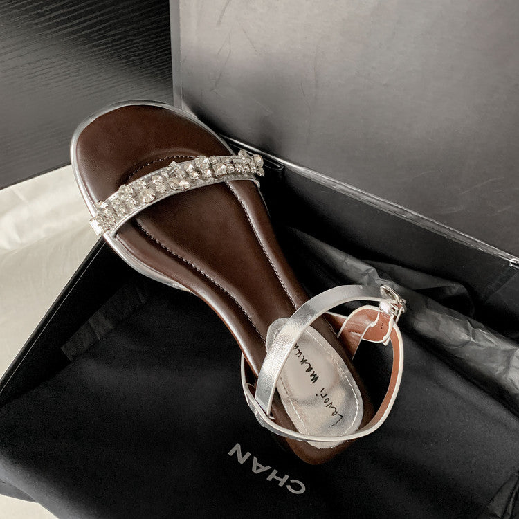 Karin Luna In Stock In Stock  Rhinestone Strap Round Toe Chunky Heel Sandals