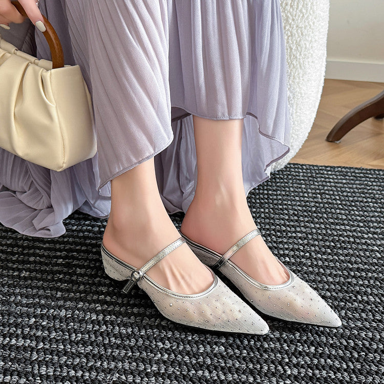 Karin Luna In Stock Spot Goods  Breathable Mesh Fabric Embellished Hand Drill Pointed Toe Slippers