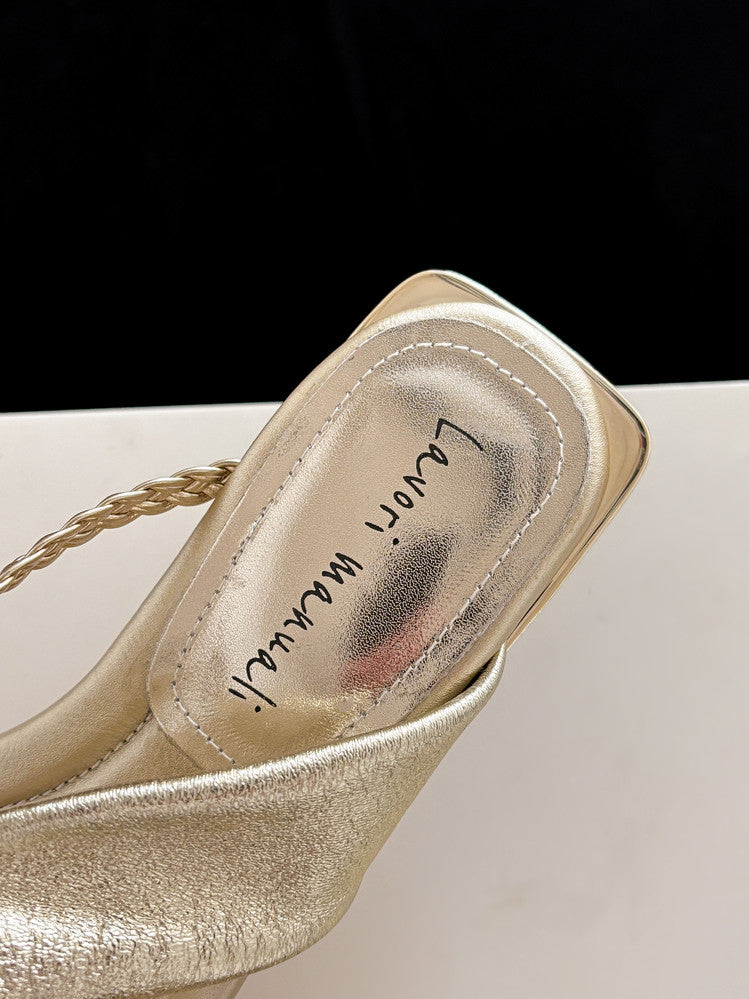Karin Luna  Square Toe Braided Cross Thick Heel Flat Slippers