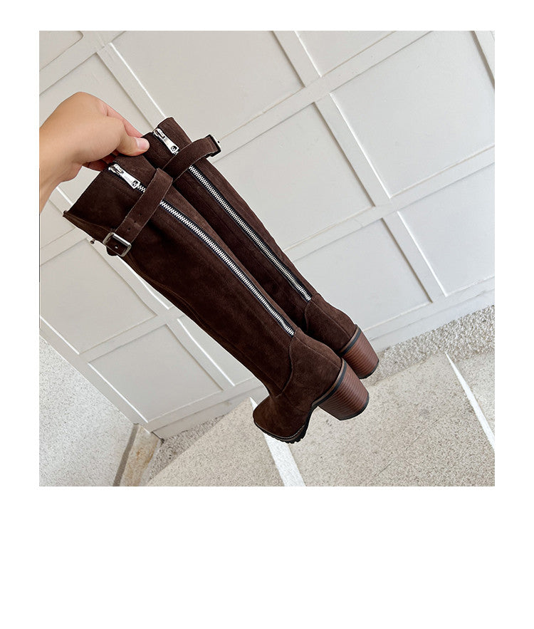 Karin Luna In Stock Spot Goods Retro Cowhide Leather Chunky Heel Suede Long Boots