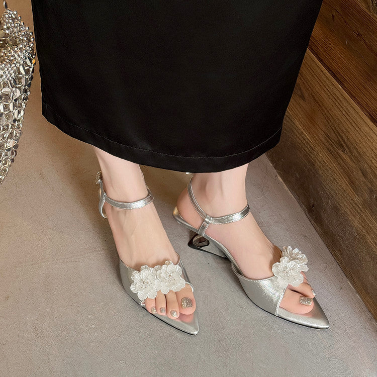 Karin Luna In Stock Spot Goods  Classic Camellia Pointed Toe Elegant Irregular Heel Sandals