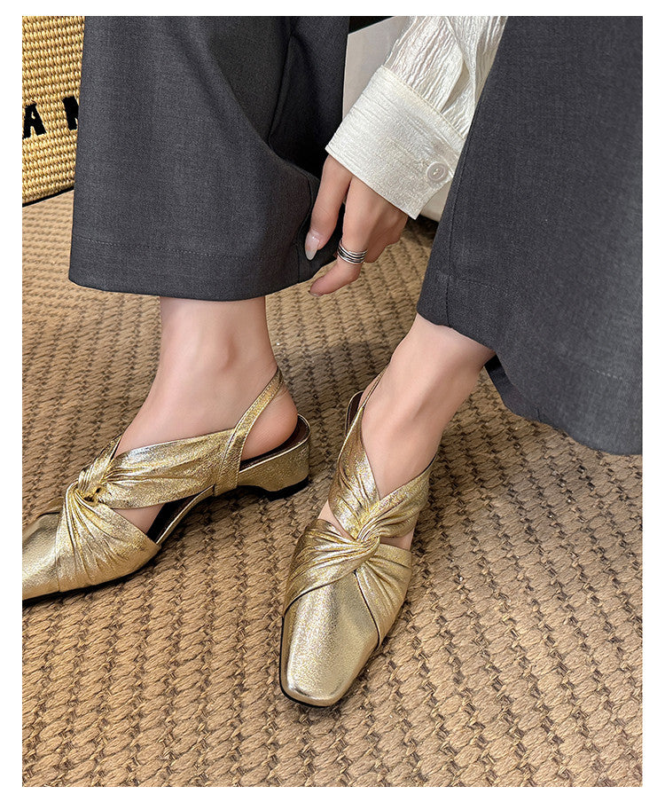 Karin Luna French Retro Wrinkled Small Square Toe Elegant Closed-Toe Sandals