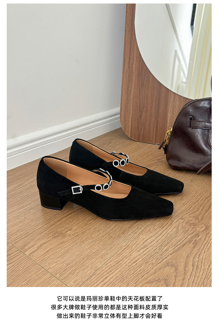 Karin Luna In Stock Spot Goods  Vintage Full Leather Square Toe Rhinestone Strap Shallow Mouth Single Shoes