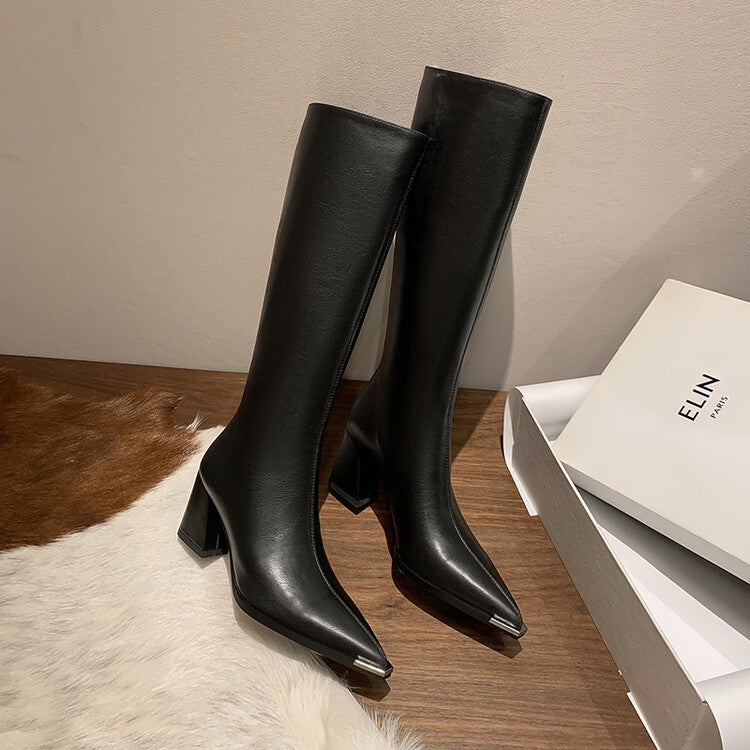 Karin Luna In Stock  In Stock Elegant Metal Pointed Toe Chunky Heel Full Cowhide Leather Riding Boots
