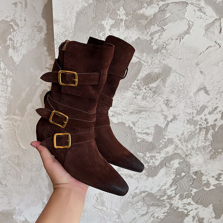 Karin Luna Cow Leather Small Square Toe Belt Buckle Fashion Boots