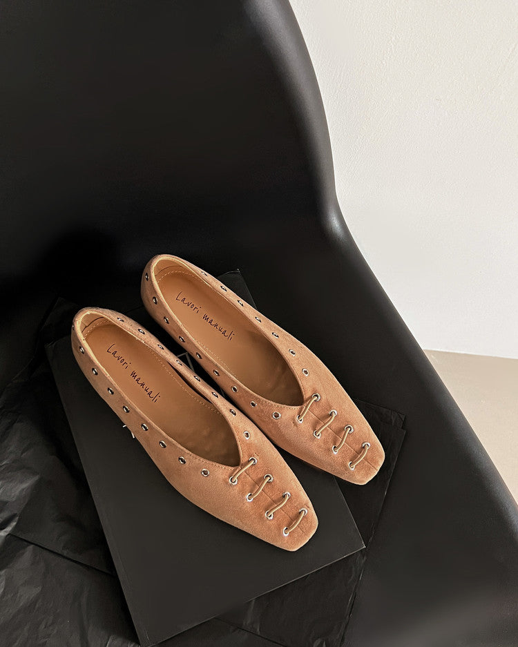 Karin Luna In Stock Spot Goods    Old Money Style Square Toe Suede Flats