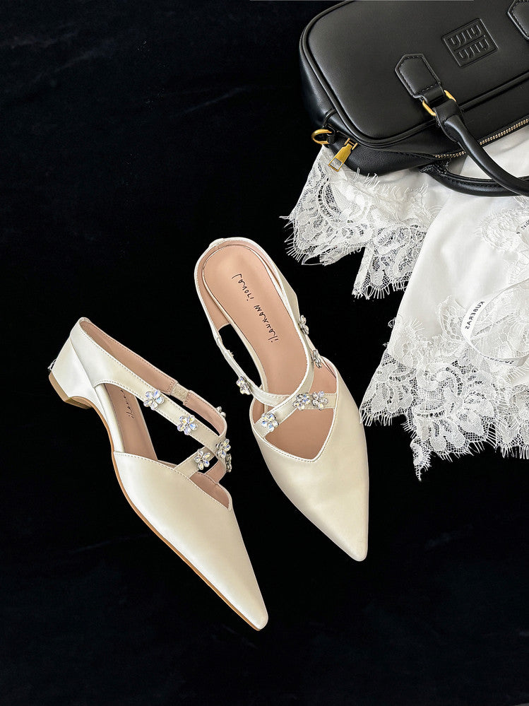 Karin Luna Elegant Pointed Toe Rhinestone Flower High Heel Mules