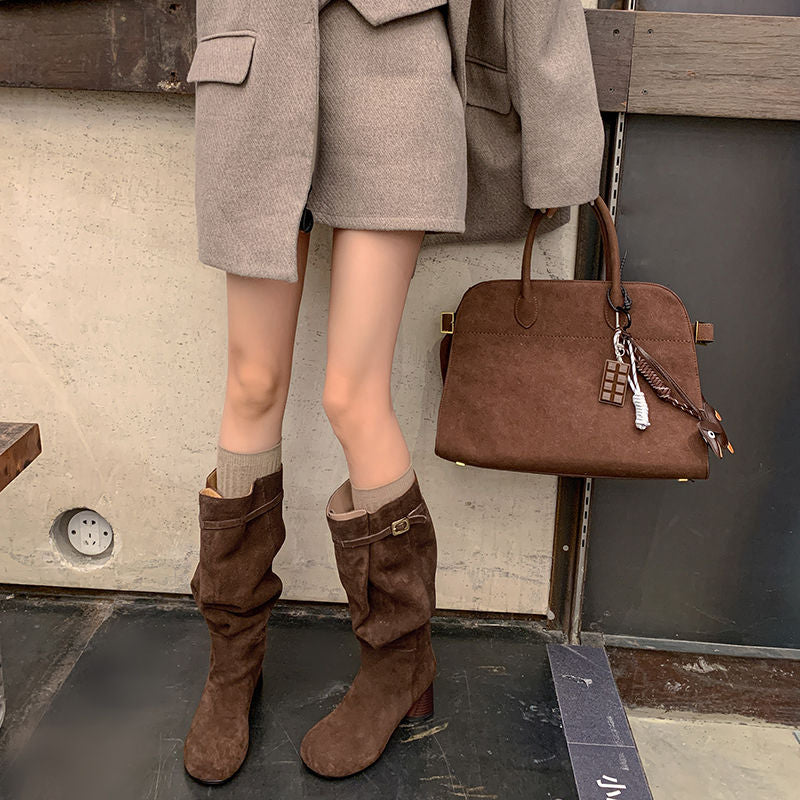 Karin Luna In Stock In Stock Mango Head Large Tube Belt Buckle Chunky Heel Long Boots